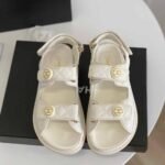 Chanel CC Button Velcro White Sandals Grained Leather - Image 2