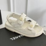 Chanel CC Button Velcro White Sandals Grained Leather - Image 4