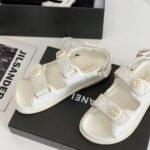 Chanel CC Button Velcro White Sandals Grained Leather - Image 5