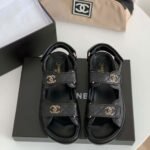 Chanel CC Button Velcro Black Sandals Grained Leather - Image 2