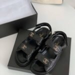 Chanel CC Button Velcro Black Sandals Grained Leather - Image 4