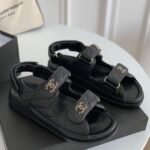 Chanel CC Button Velcro Black Sandals Grained Leather - Image 5