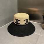 Celine Triomphe Raffia Wide Brim Bucket Hat Natural Black - Image 2