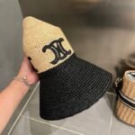 Celine Triomphe Raffia Wide Brim Bucket Hat Natural Black - Image 4