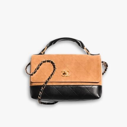 Chanel Large Flap Bag With Top Handle Shiny And Gold Tone Metal Beige And Black 29Cm AS5637 B20827 U1536