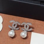 Chanel CC Pearl Earrings Silver - Image 4