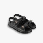 Chanel CC Button Velcro Black Sandals Grained Leather