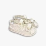 Chanel CC Button Velcro White Sandals Grained Leather