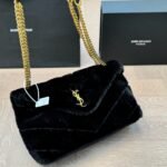 Saint Laurent Loulou Shearling Puffer Bag Black 28cm - Image 2