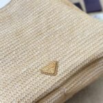 Prada Logo Embossed Raffia Shoulder Bag Beige 33cm 1BC186VOUO2A2T - Image 5
