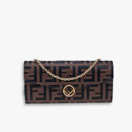 Fendi Tobacco Zucca FF Embossed Continental Envelope Wallet On Chain Brown 19Cm