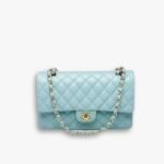 Chanel Classic 11.12 Handbag Gold Tone Metal Light Blue 30Cm
