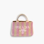 Prada Tote Printed Raffia Tan Pink Small 30cm