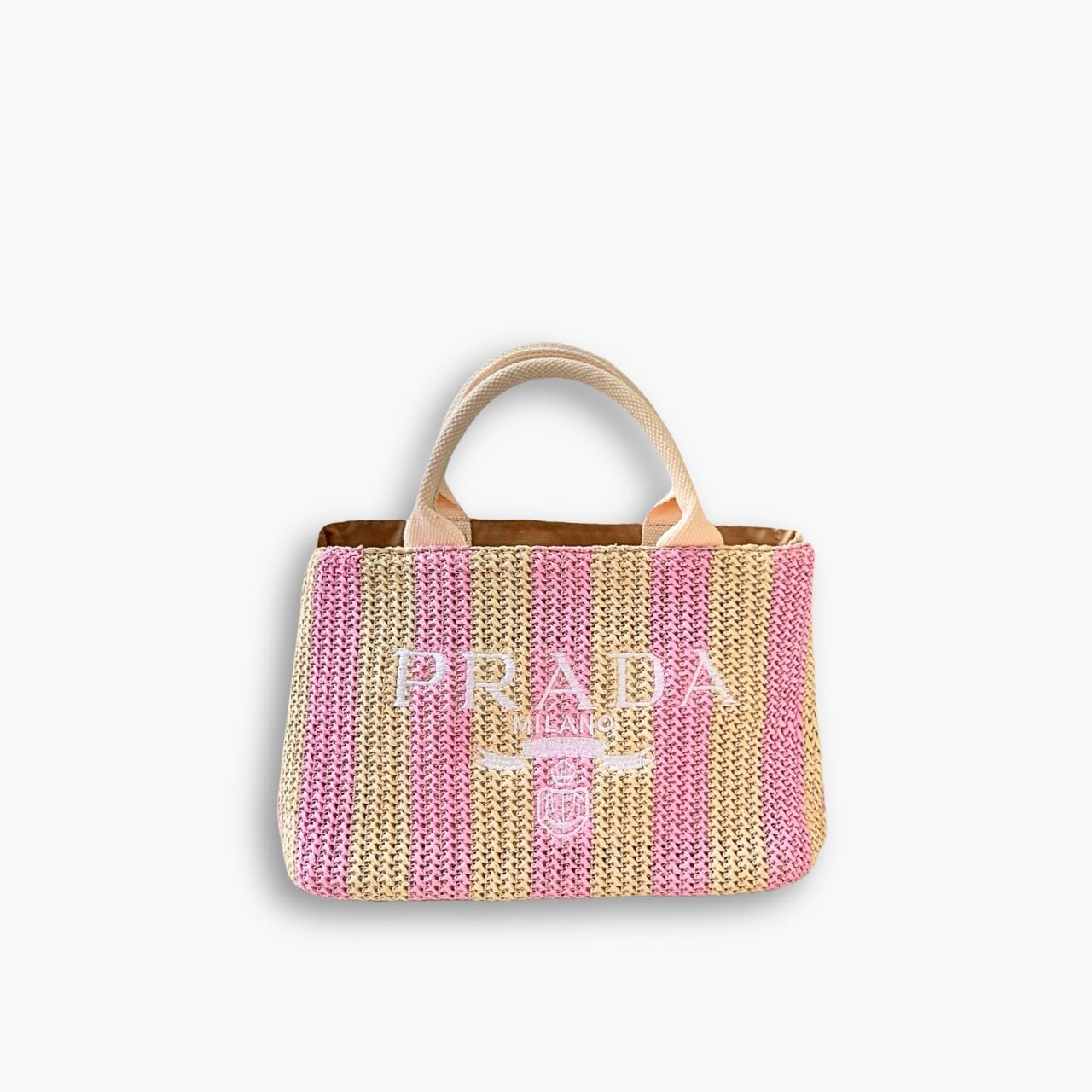 ELG_CLB1013-1.jpg Prada Tote Printed Raffia Tan Pink Small 30cm - Image 1