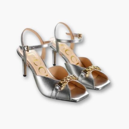Gucci Metal Chain Mule Heels Sandals In Silver