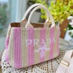 Prada Tote Printed Raffia Tan Pink Small 30cm - Image 3