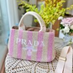 Prada Tote Printed Raffia Tan Pink Small 30cm - Image 4