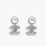 Chanel Double C Pearl Earrings Silver White